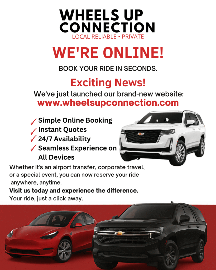 Wheels Up Connection info flyer stating they are online for bookings 