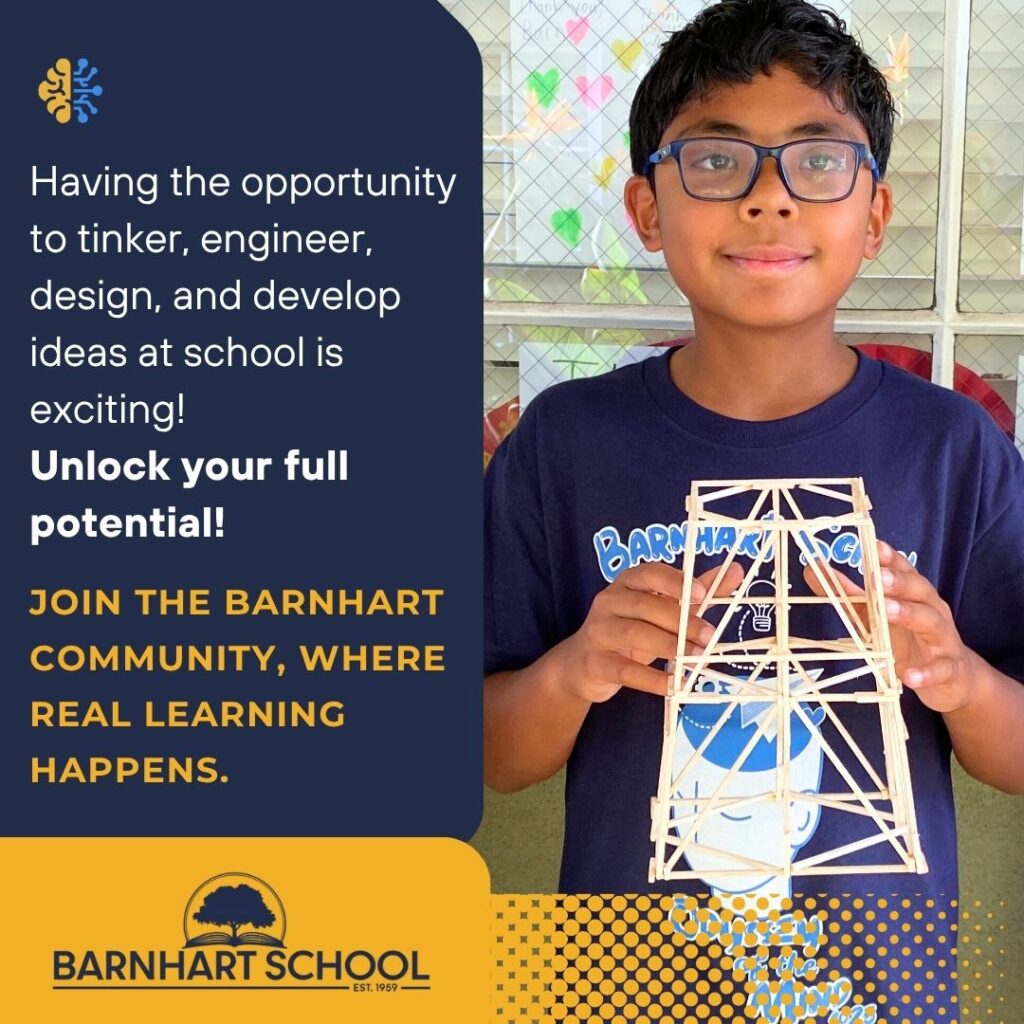 Barnhart School learning flyer with a young boy holding up a sculpture made out of wood 