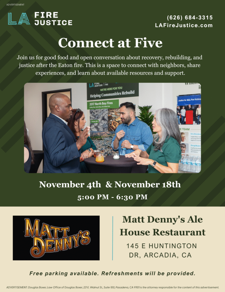 Connect at Fire with LA Fire Justice flyer showing a group of people networking