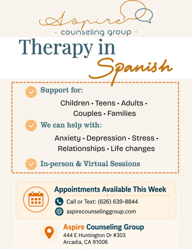 Aspire Counseling Services offered in SPanish flyer