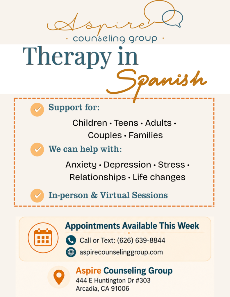 Aspire Counseling Services offered in SPanish flyer
