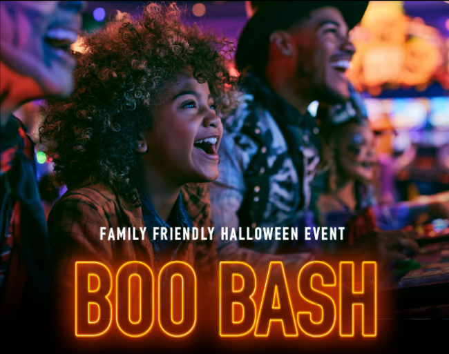 Dave & Buster's boo bash banner showing a woman and a man smiling