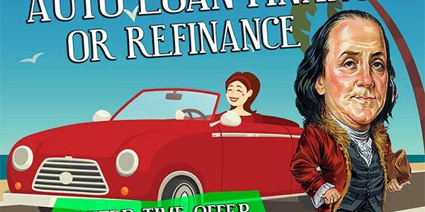 Foothill CU a cartoon drawing of ben franklin standing in front of a red car driven by a cartoon woman