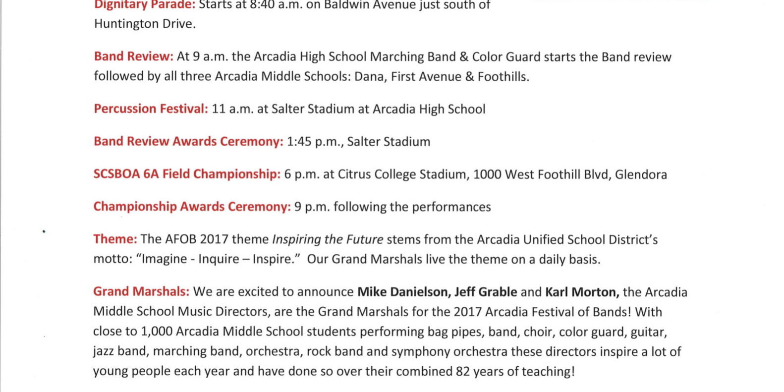 Arcadia Festival of the Bands invitation