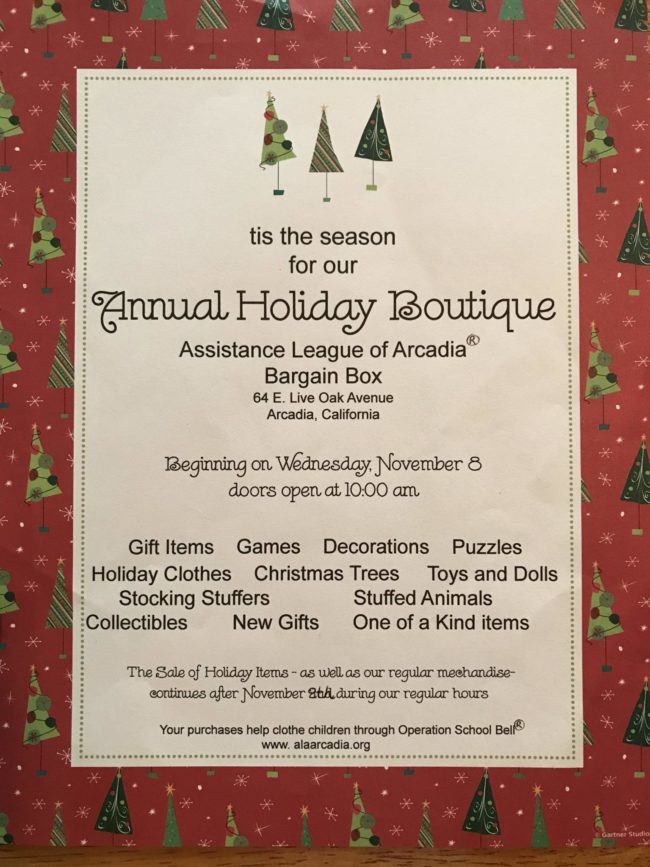 Assistance League holiday boutique flyer for the Assistance League