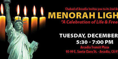 a banner for a menorah lighting from Chabad of Arcadia