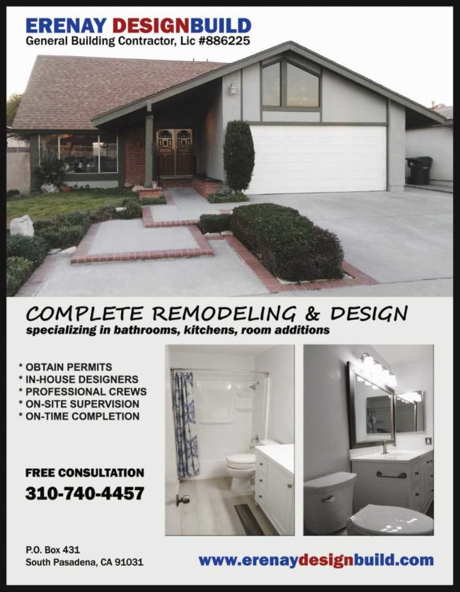 Erenay Designs Erenay Design Build remodeling flyer of information showing a newly remodeled home
