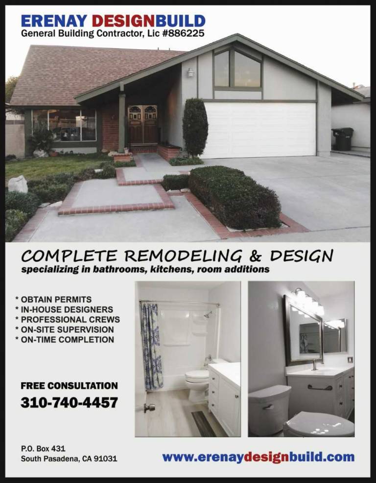 Erenay Designs Erenay Design Build remodeling flyer of information showing a newly remodeled home