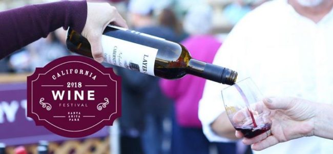 Santa Anita wine fest a wine tasting flyer showing a hand pouring a bottle of wine into a glass held by another hand