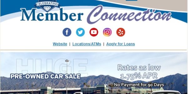Foothill Credit Union member connection banner showing used cars in front of mountains