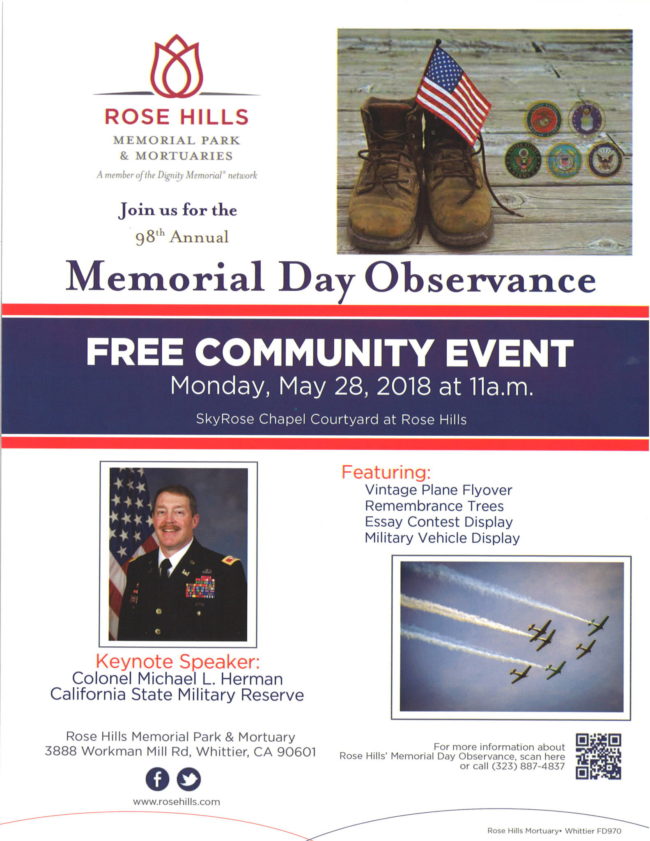 memorial day observance flyer for Rose Hills Memorial Park