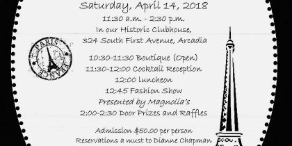 Arcadia Woman's Club springtime in Paris fashion show flyer