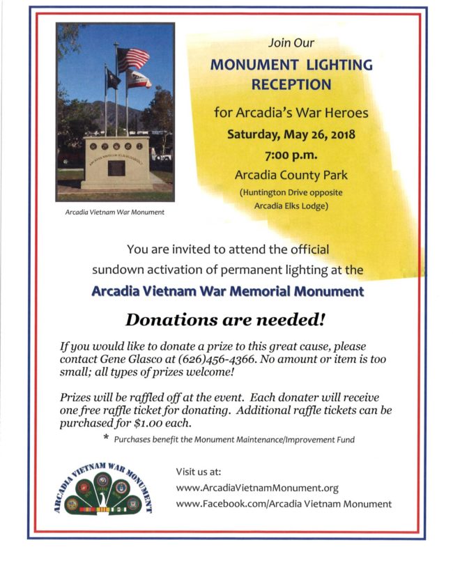 Arcadia Vietnam Vet donations needed arcadia vietnam veteran monument lighting ceremony flyer