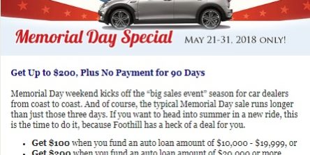 a memorial day sale at Foothill Credit Union
