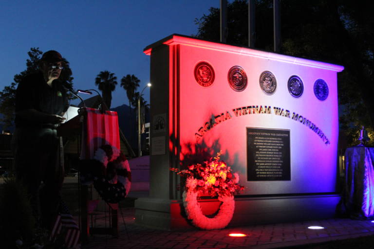 IMG_0488 the Arcadia Vietnam War Monument lit up with colors of red, white and blue
