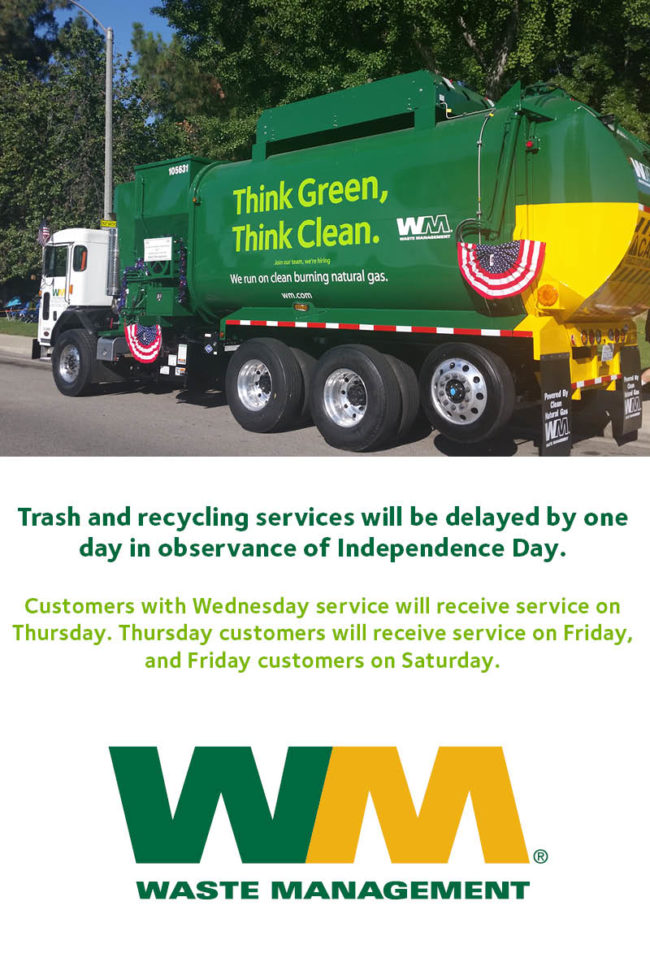 Waste Management trash recycling delayed for Independence Day flyer