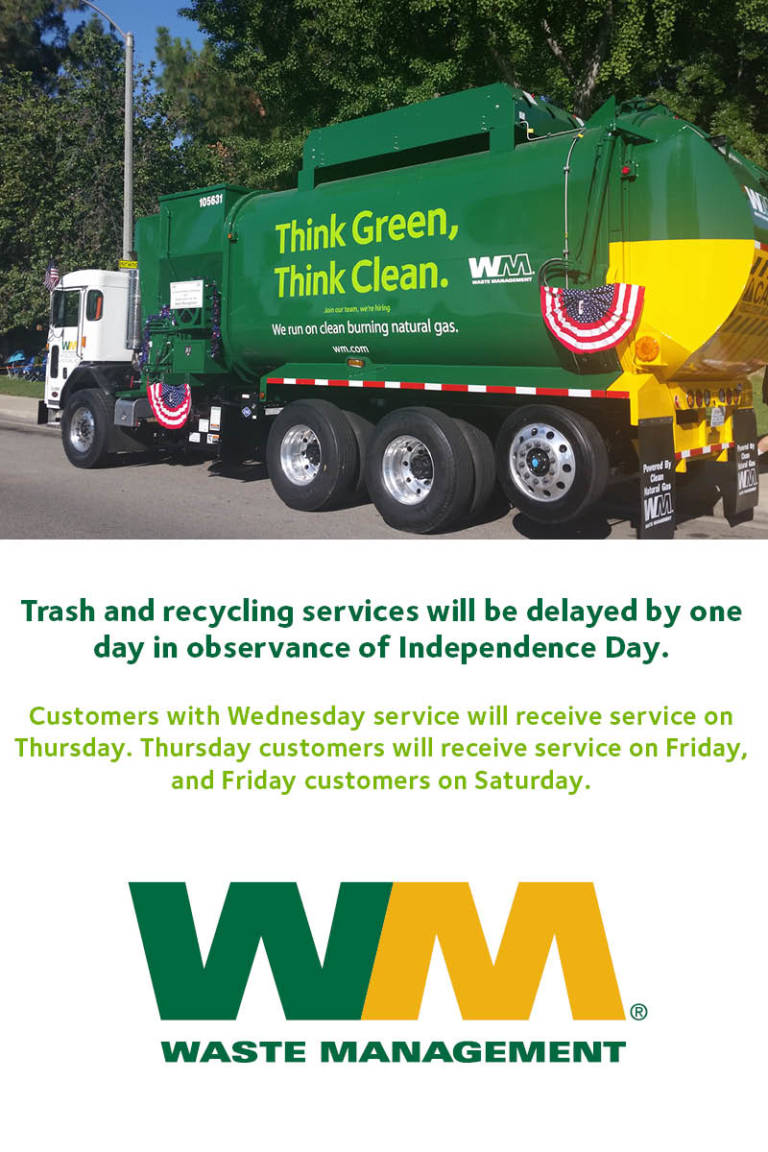 Independence Day Holiday Reminder Waste Management trash recycling delayed for Independence Day flyer