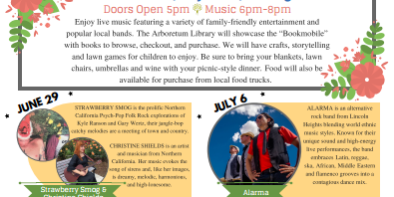 Arboretum Summer Nights concert series flyer with dates
