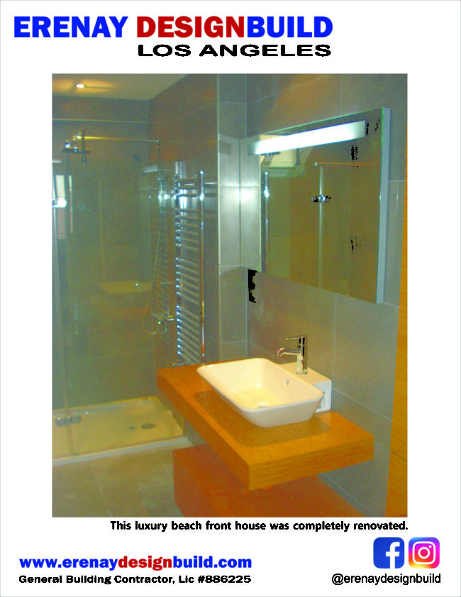 Erenay Design Build flyer showing a bathroom shower and sink