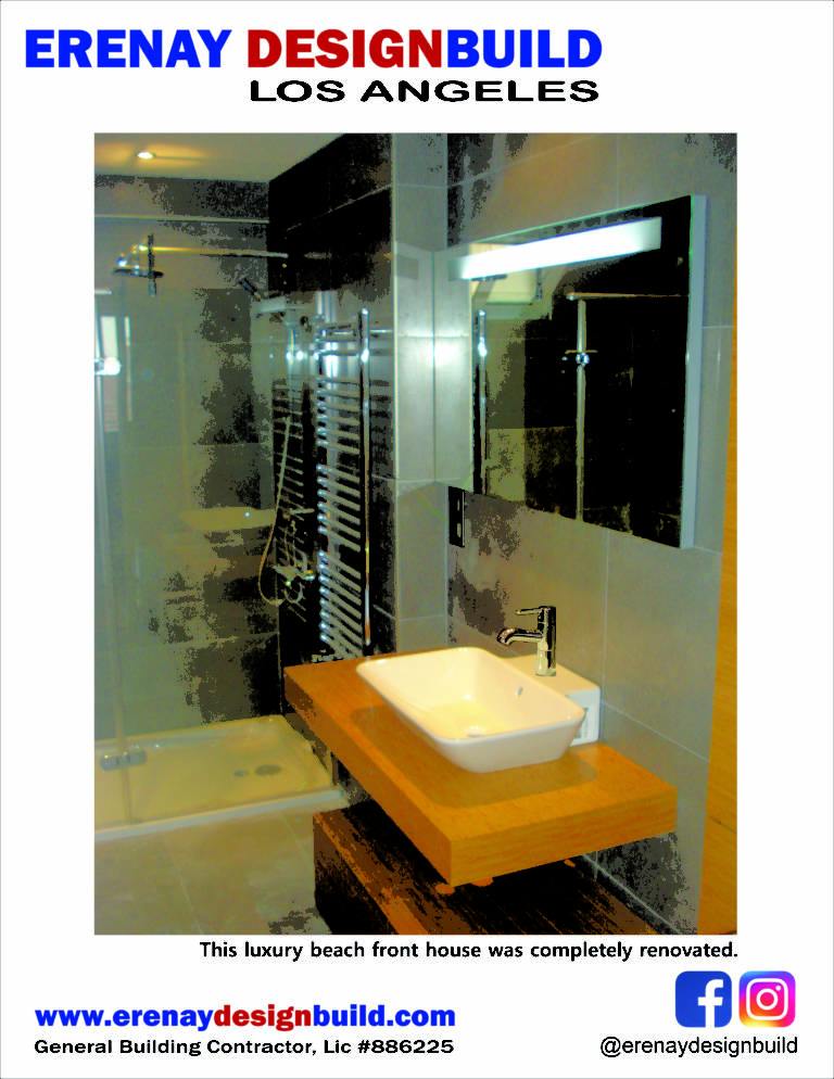 Erenay Design Build flyer showing a bathroom shower and sink