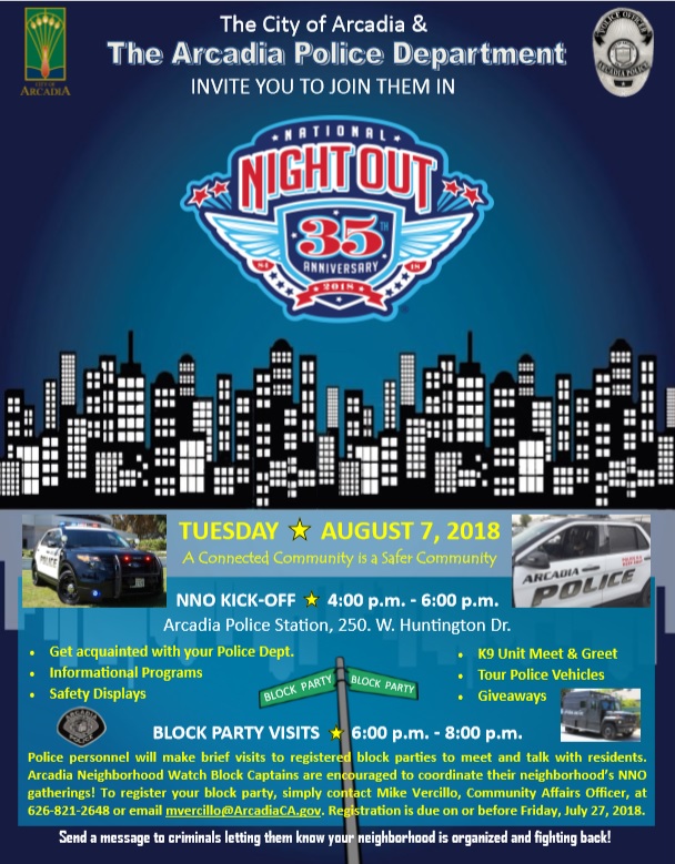 national night out City of Arcadia's National Night Out flyer for 2018