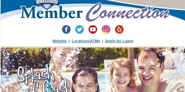 Foothill Credit Union Member Connection banner for splash of cash showing people in a pool