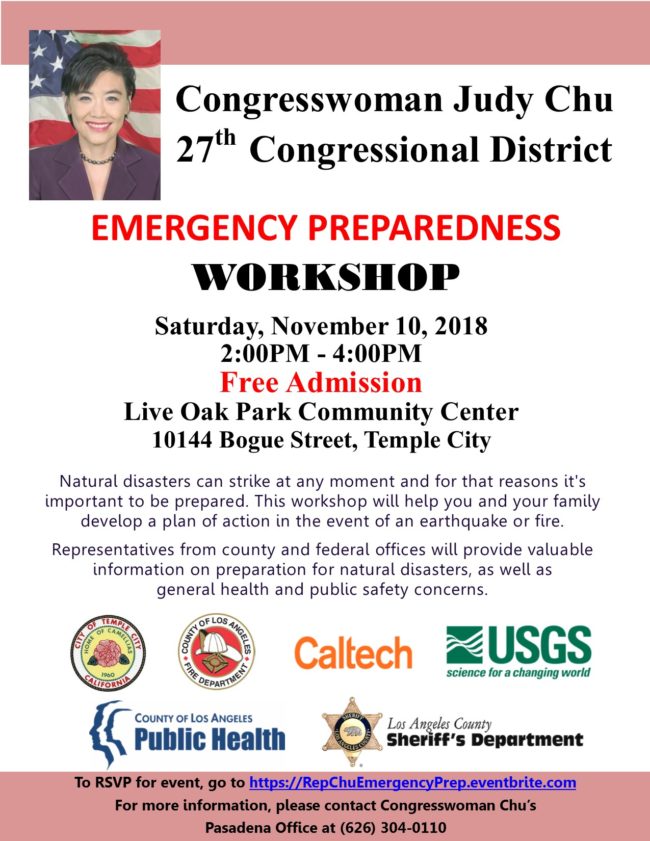 Rep Judy Chu Emergency Preparedness Flyer Congresswoman Judy Chu emergency preparedness workshop
