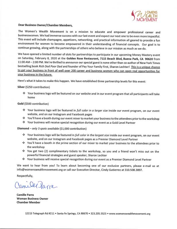 Women's Wealth Movement Camille Parra pledge letter