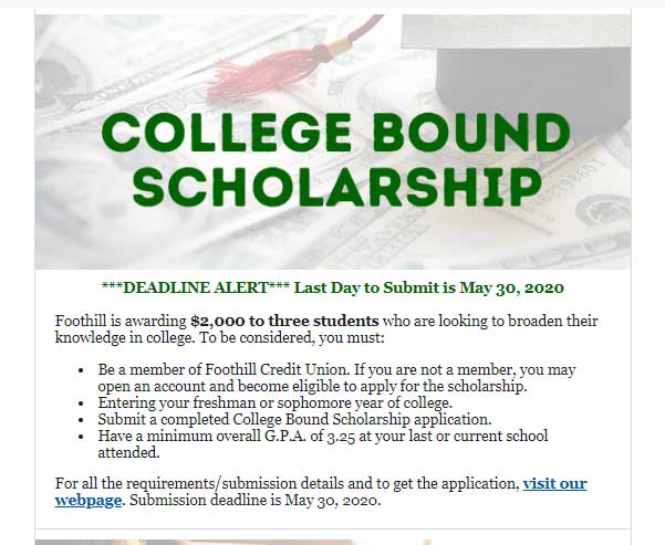 Foothill Credit Union college bound scholarship