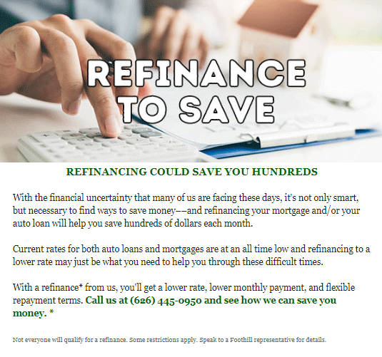 Foothill Credit Union Refinance to Save 