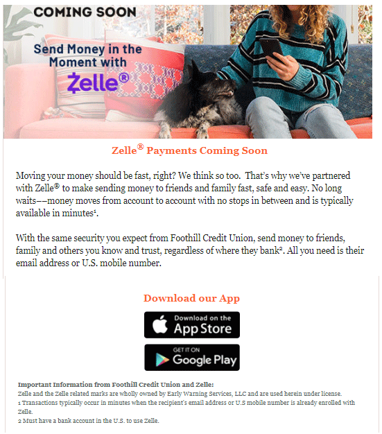 Foothill Credit Union Zelle Payments Coming Soon 