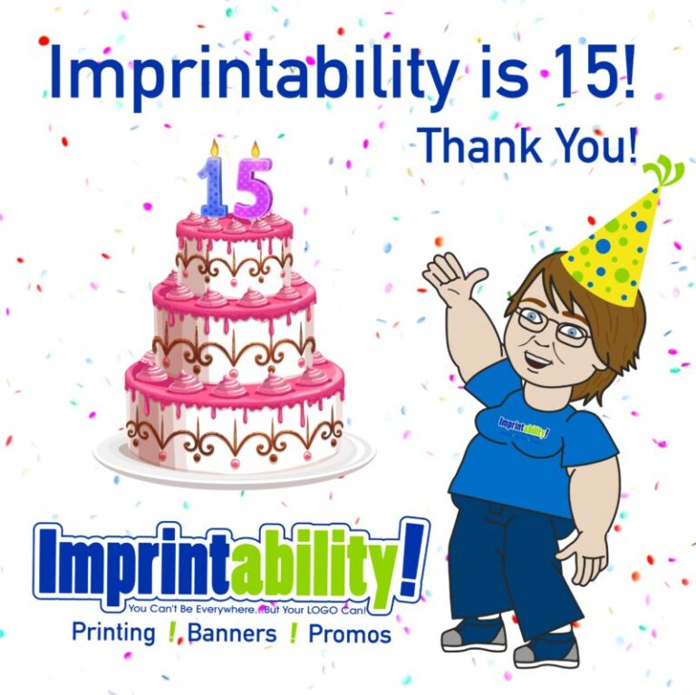 Imprintability turns 15 flyer showing cartoon Jennifer