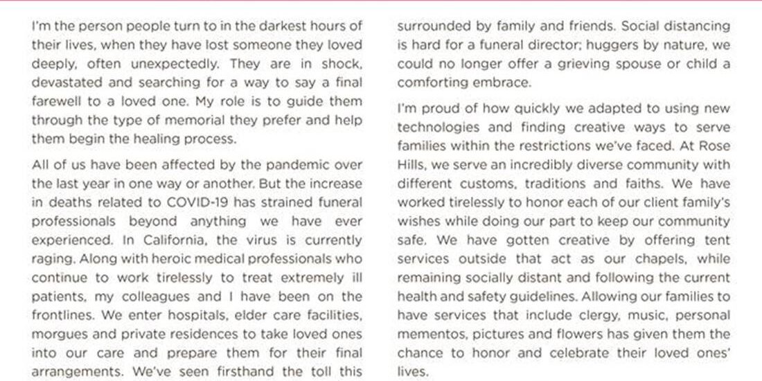 being a funeral director during the pandemic flyer from Rose Hills Memorial Park