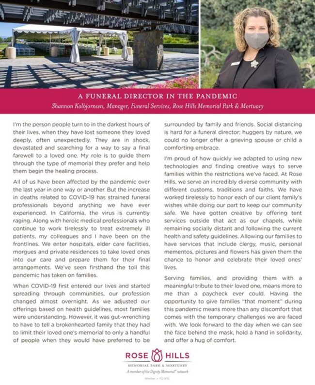 Rose Hills Pandemic being a funeral director during the pandemic flyer from Rose Hills Memorial Park