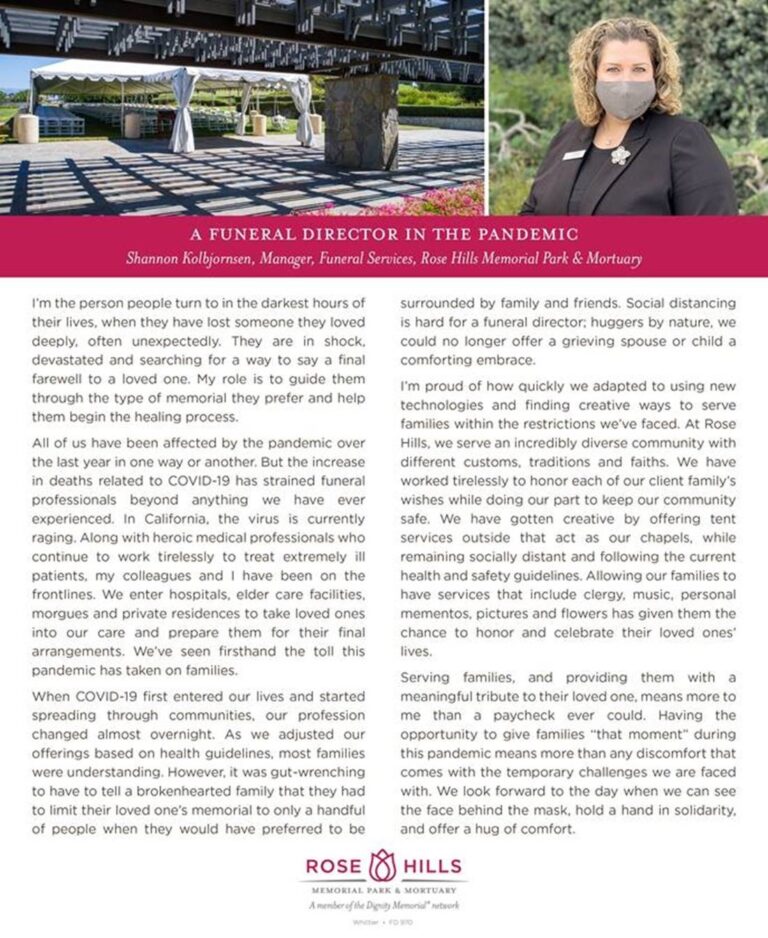 being a funeral director during the pandemic flyer from Rose Hills Memorial Park