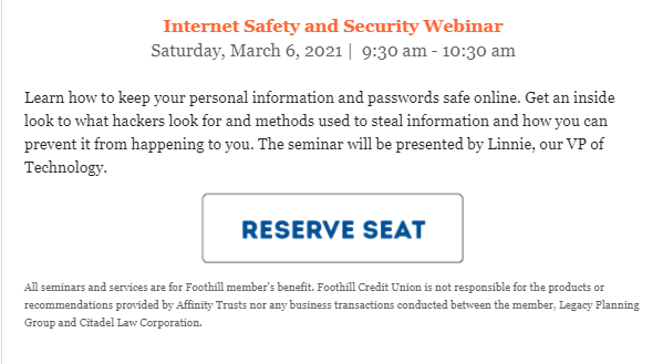 Foothill Credit Union internet safety webinar