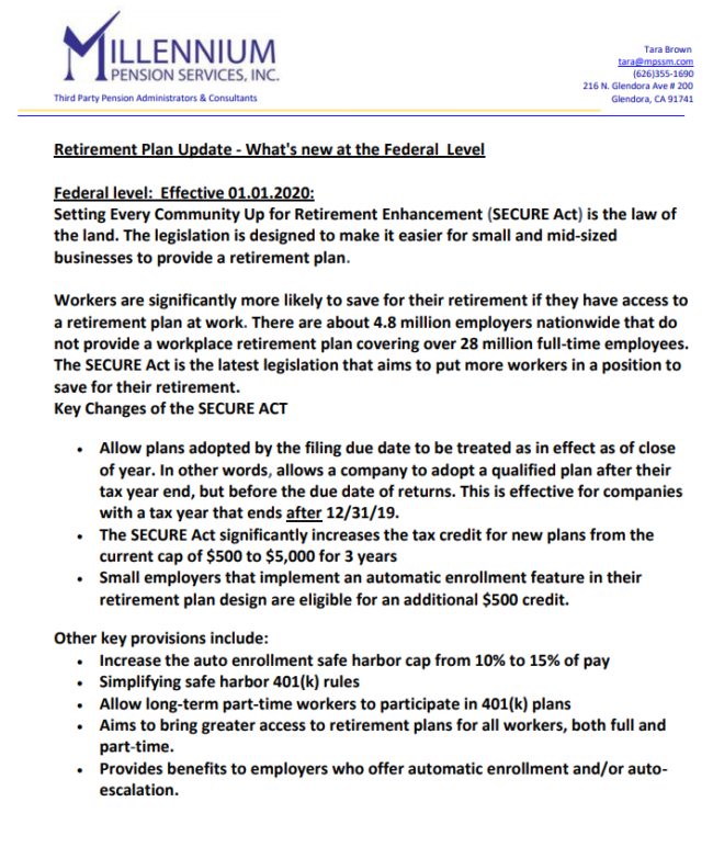 Millennium Pensions Retirement program