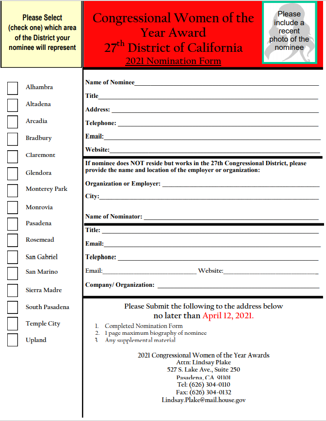 Judy Chu Woman of the Year awards nomination form