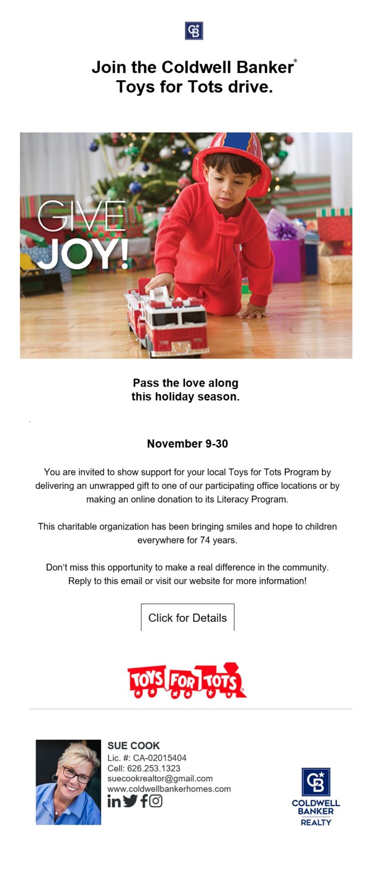 Coldwell Banker Sue Cook Holiday Toy Drive