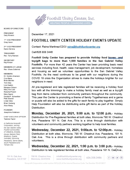 Foothill Unity Center's information on holiday events 
