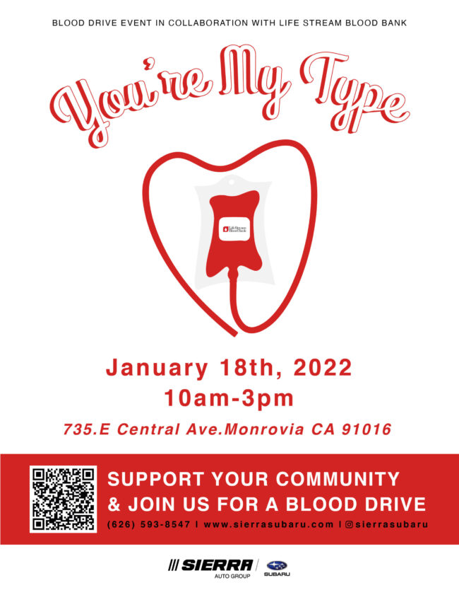 Sierra Subaru Blood Drive flyer for January 18