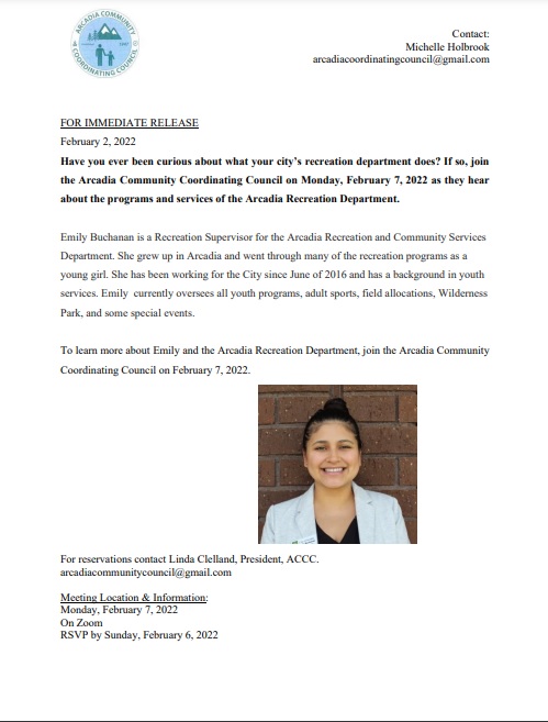 Arcadia Community Coordinating Council February newsletter about Community Center 