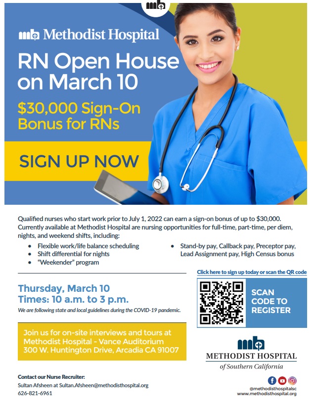 Methodist Hospital RN Open House on March 10 flyer of information 