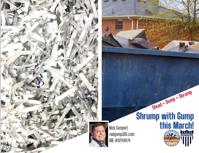 Shrump with Gump shredding event showing shredded paper and dumpster