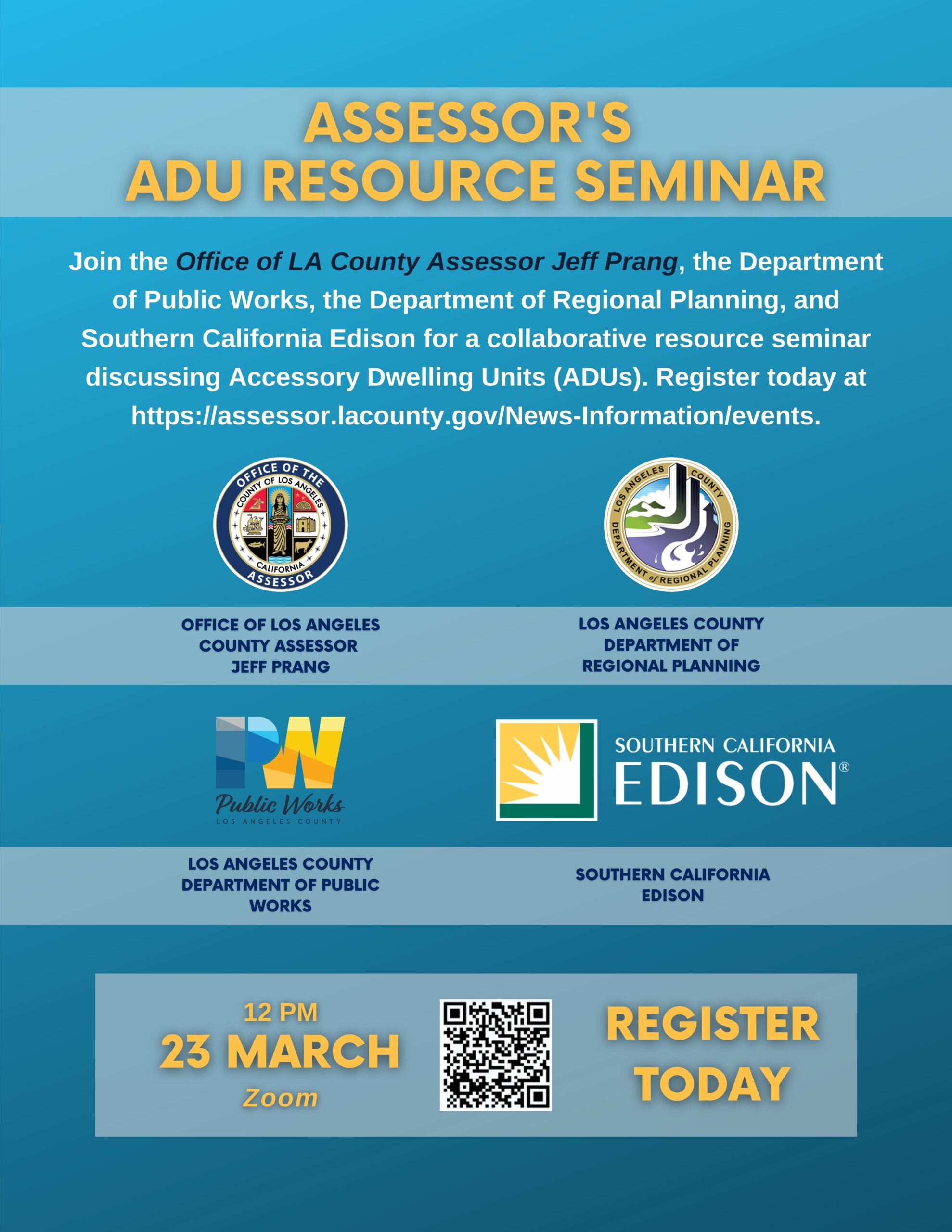 Assessor's ADU Resource Seminar webinar flyer 