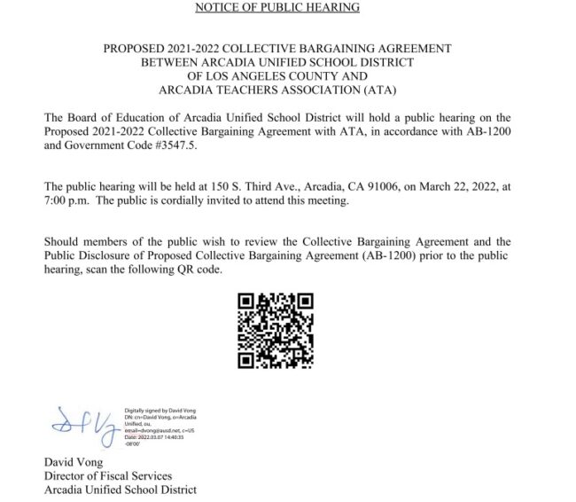 Arcadia Unified School District Collective Bargaining notice 2