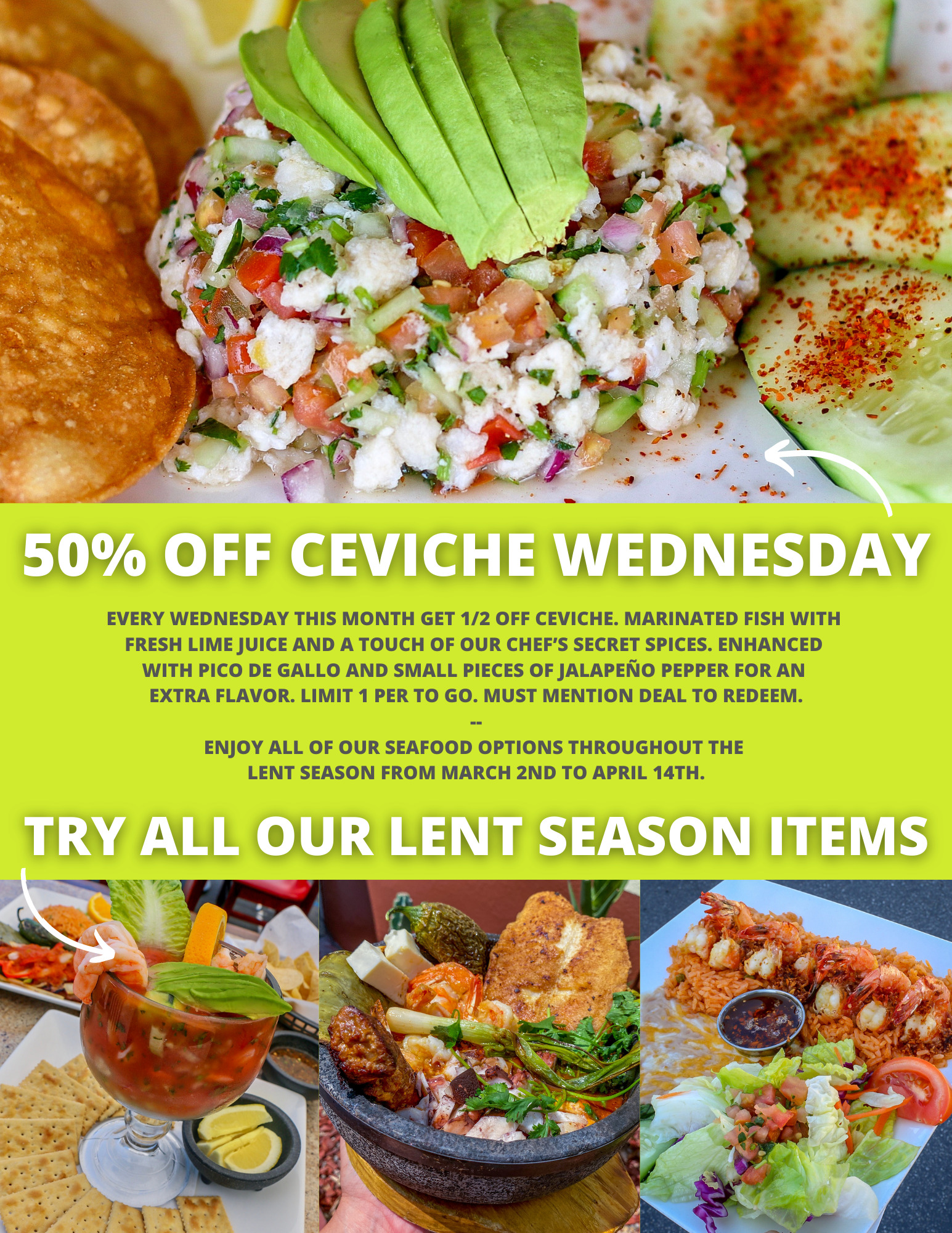 Cabrera's 50% off ceviche Wednesday special flyer showing ceviche
