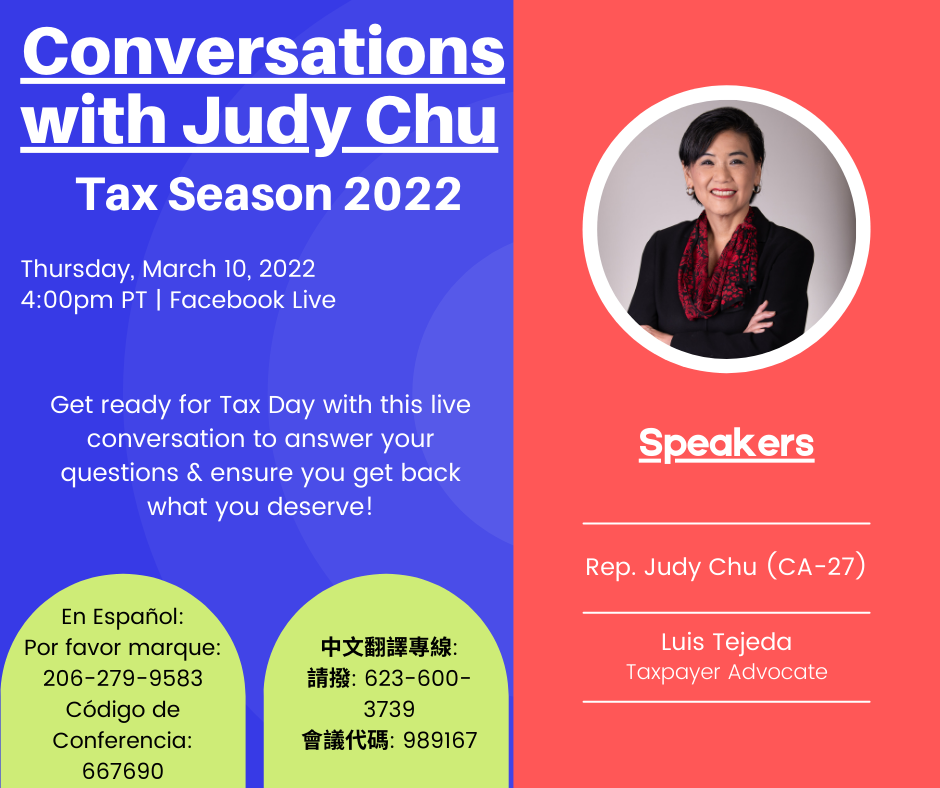 Conversations with Rep Judy Chu on Tax Season 2022 flyer