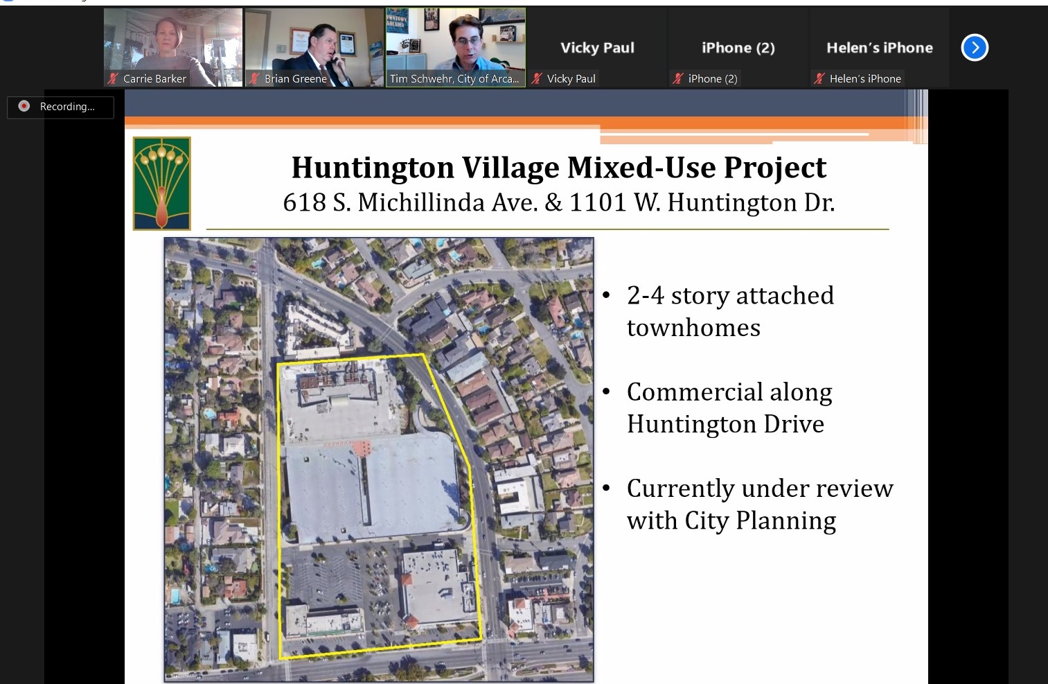 slide image from a zoom call shoring huntington village mixed use project renderings