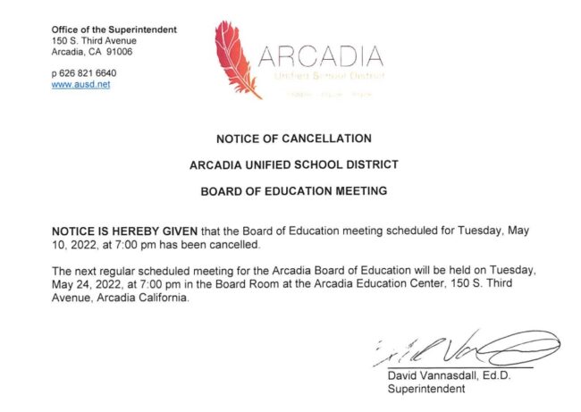 Arcadia Unified School District meeting cancellation notice